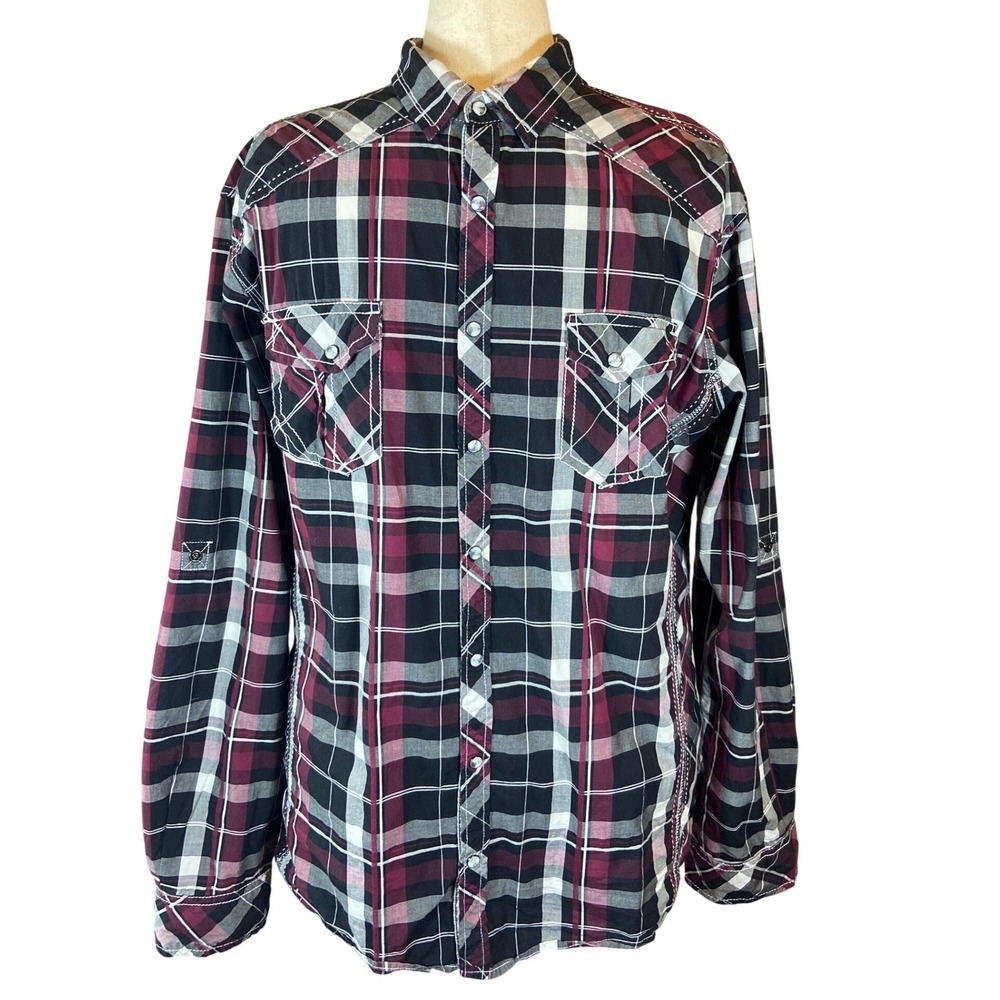 BKE Mens Athletic‎ Fit Plaid Western Snap Button Shirt Burgundy Black XL B2243